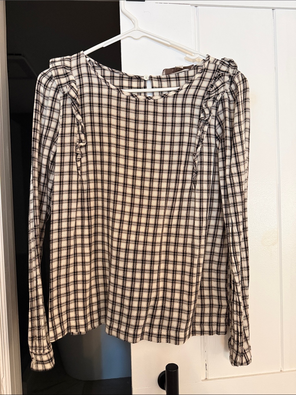 LOFT Black and White Plaid Long-Sleeve Ruffle-Shoulder Top